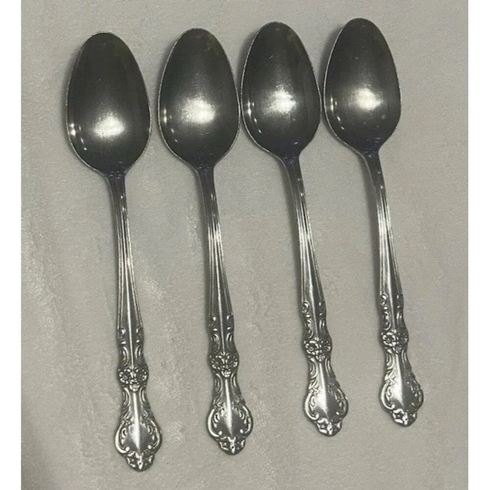 Set of 4 Oneida Louisiana Stainless Oval Soup / Dinner Spoons Glossy Floral